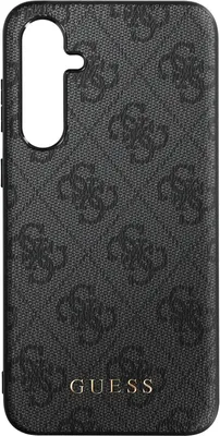 A close-up of a phone case with a repeating Guess logo pattern.