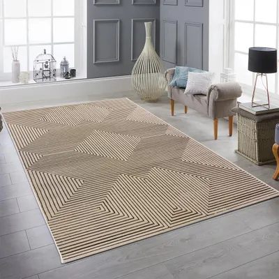 Produktbild von Moderner Kurzflorteppich Beige geometrisches Design mit Glanzstruktur für Wohnzimmer Schlafzimmer und Flur Größe - 200 x 290 cm