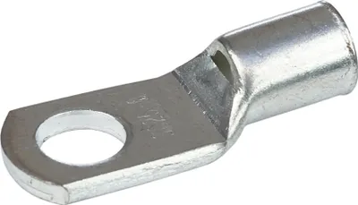 A single metal ring terminal on a white background.