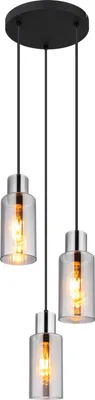 A three-light pendant chandelier with glass shades and exposed bulbs, suspended from a black circular ceiling mount.