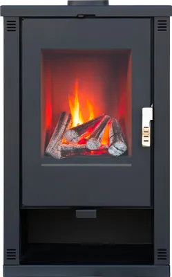 A black freestanding fireplace with a glass door showing a simulated fire with logs.