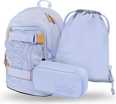 A set of three lilac-colored school supplies: a backpack, a pencil case, and a drawstring bag, arranged on a white background.