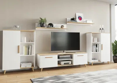 Produktbild von Wohnwand Oslo 2 Per La Vita Artisan- Weiß, Modern Schrankwand, Wohnzimmerschrank mit Hängeschrank, Sideboard und Wandregal, Wohnzimmer
