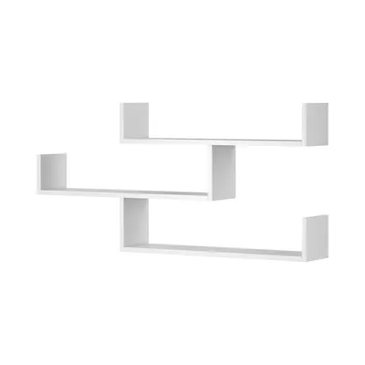 A white, modern, modular wall shelf unit against a white background.