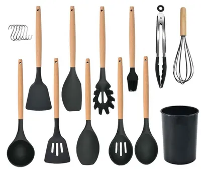 Obrázok produktu pre Súprava kuchynského náčinia, 12-dielna, silikónová, žiaruvzdorná, nepriľnavá, s drevenou rukoväťou, čierna, ideálna do každej kuchyne.