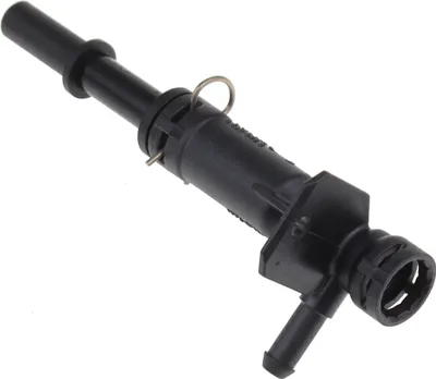 A black plastic valve component with a metal clip, isolated on a white background.