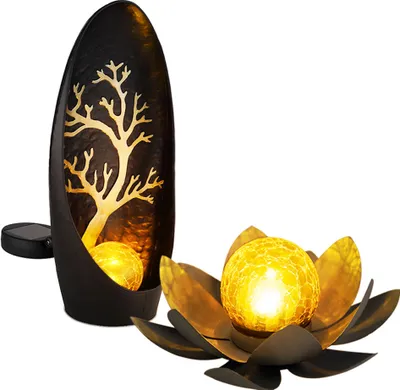 Produktbild von 2er LED Solarleuchten, Baum, Lotusblüte, Akku, Crackleglas
