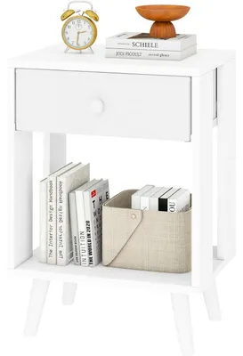 Produktbild von Nachttisch mit Stoffschubladen und offenem Fach, Massivholzbeinen, Modern, Weiß