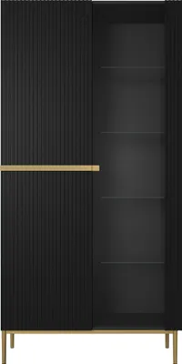 A black cabinet with a gold handle and glass doors, standing on gold legs.