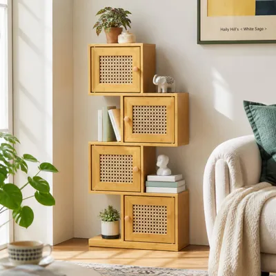 Produktbild von Bücherregal & Dekorationsregal 85x40x40cm, Aufbewahrungsregal mit magnetischen Rattantüren, für Wohnzimmer & Schlafzimmer