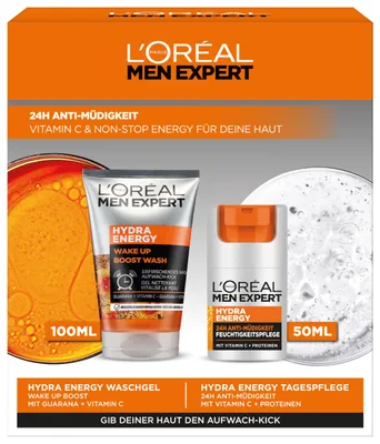 Produktbild von L'Oréal Men Expert Pflegeset gegen müde Haut für Männer, Geschenkset mit Waschge