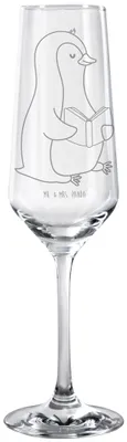 Produktbild von Mr. & Mrs. Panda Glas Pinguin Buch - Transparent - Geschenk, Nichtstun, Urlaub, Champagnerglas, graviertes sektglas, Trinkglas, Pinguine, Entspannen, Ferien, mit Gravur