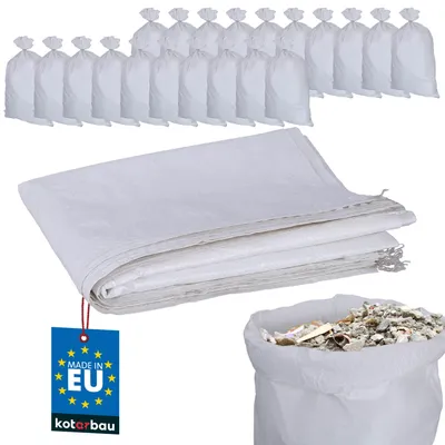A stack of white woven bags and a row of tied white bags are shown against a white background. A small bag filled with debris is also visible.