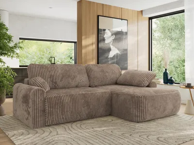 Produktbild von MKS MEBLE Ecksofa CUBO L-form, lose Kissen, Ecksofa 273x187x100 cm mit Schlaffunktion, Bettkasten - Braun Cord - Rechts Seite
