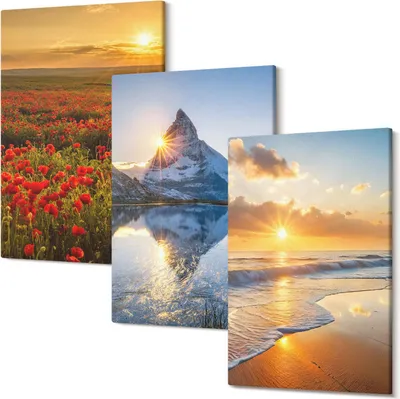 Produktbild von Wandbild – Leinwandbild – Leinwandbilder – Polycanvas – Kunstdruck – Modern – Panorama – Mehrteilig – 3-Teilig Set – Hochwertig – Lichtecht – Geruchslos – 40x60 Cm Je Element - Berg- und Küstenlandschaften mit Sonnenuntergängen