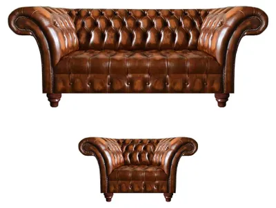 Produktbild von Chesterfield Wohnzimmer Sitzgarnitur Ledersessel 3-Sitzer 2tlg
