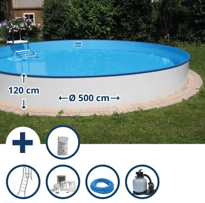 Produktbild von Stahlwandpool Set (7-teilig) halbhoch rund Borneo 500 x 120 cm, Stahl 0,6 mm weiß Folie 0,6 mm blau