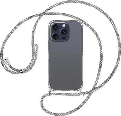 Produktbild von Handykette Backcover-Schutzhülle mit Band (Metall silberfarben) für iPhone 16 Pro - weiß/grau kariert