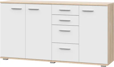 A front view of a white and wood-colored sideboard with multiple drawers and doors, set against a white background.