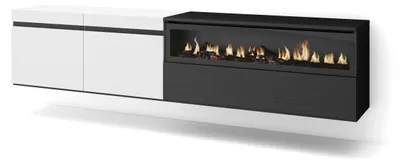 TV-Lowboard mit LED-Kamin, 200x45x35 cm, hängend, weiß/schwarz