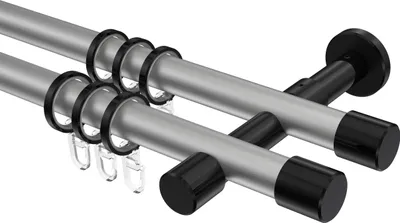 Produktbild von Interdeco Gardinenstange / Vorhangstange Silbergrau / Schwarz, Typ Prestige Santo (Kappe), 20 mm Ø 2-läufig, 120 cm