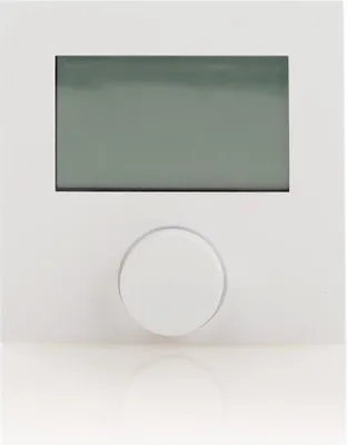 A white thermostat with a digital display and a rotary dial.