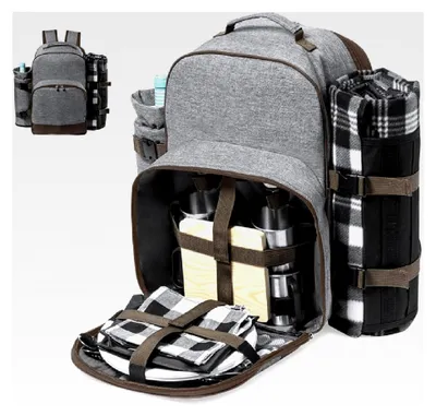 Produktbild von Großer grauer Picknick-Rucksack mit vollständigem Zubehör für 4 Personen aus recyceltem PET