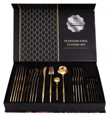 Produktbild von Besteck Set Edelstahl für 6 Personen 24-teiliges Besteckset hochglanzpoliert Spülmaschinenfest Luxury Box, Farben:Gold