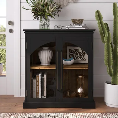Produktbild von Avola AV2295-33 Kommode Schwarz mit Glastüren und Metallgriffen