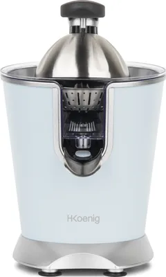 A pastel blue electric citrus juicer with silver and black accents, shown from the front on a white background.