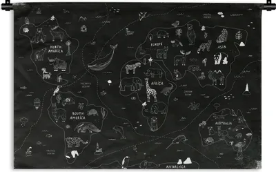 Produktbild von MuchoWow® Wandteppich Wandbehang Weltkarte - Kinder - Schwarz - Weiß 90x60 cm Tapisserie Dekoration Wandtuch - Wandskulpturen - Bildteppich