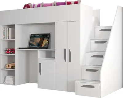 Produktbild von Etagenbett für Kinder Party 14 Stockbett mit Treppe und Bettkasten (Weiß + Weiß Glanz + graue Griffe)