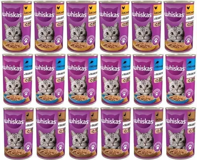 Produktbild von Whiskas Katzenfutter Adult 1+ Geschmacksmischung in Gelee mit Thunfisch, Huhn und Ente 18 Dosen (18 x 400g)