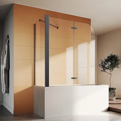Productafbeelding van Douchewand voor bad zwart met zijwand, NANOGLAS. Badwandverlenging, 2-delig, inklapbaar, 120x140 cm (B x H). Doucheafscheiding voor bad