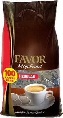 A bag of coffee pads with a cup of coffee shown.