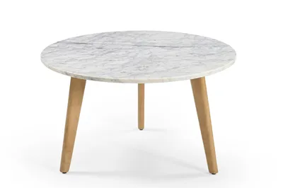 Image de Marmoholz - Table basse ronde Modena Ø70 cm x H40 cm en marbre blanc naturel et bois de manguier en chêne clair - table de style japonais