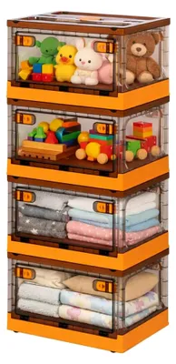 Produktbild von Faltbare Aufbewahrungsboxen mit Deckel 28L, 4er Set in Gelb, stapelbar und mit Rädern
