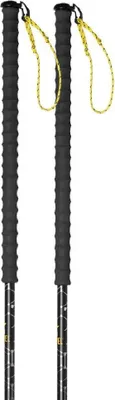 A pair of black trekking poles with yellow straps against a white background.