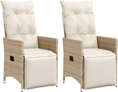 Produktbild von 2 verstellbare Gartensessel mit Kissen aus beigem Poly-Rattan und Stahlrahmen