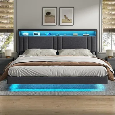 Produktbild von Polsterbett 180x200 cm, Schwebebett, Bettrahmen mit LED-Beleuchtung, Ladestation, Doppelbettgestell, Bettgestell mit Kopfteil, Bett, Schwebender visueller Effekt, für Schlafzimmer, Leinenstoff Grau
