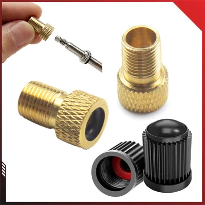 Produktbild von Pitlane Performance® Fahrrad-Ventil Adapter Set; Messing-Adapter für Presta-Ventile; 2 Presta-Schrader-Adapter + 2 Ventil-Kappen für Fahrräder, E-Bikes, Scooter UVM. (4er Set)
