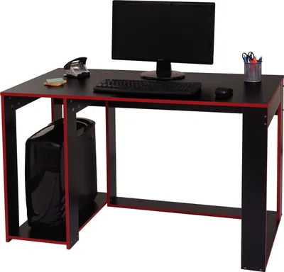 A black and red computer desk with a monitor, keyboard, mouse, and computer tower.