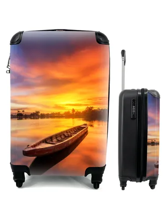 Produktbild von MuchoWow® Koffer Handgepäck Trolley Rollkoffer Kleine Reisekoffer mit 4 Rollen - Boot - Wasser - Sonnenuntergang - Orange - Wasser - Cabin Size < 55x40x23 cm & 55x40x20 cm - Fotokoffer - Kabinenkoffer - Boardgepäck - Reise-Box - Reisekoffer - Reisegepäck - Koffer mit Bild - Trolley für Kinder