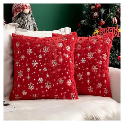 Produktbild von 2er Set Kissenbezüge Weihnachten Kuschelkissen Flauschig Schneeflocken Dekokissen Sofakissen Plüschkissen Fellkissen Couchkissen Kissenhülle Zierkissenbezug für Wohnzimmer 40x40 cm Rot