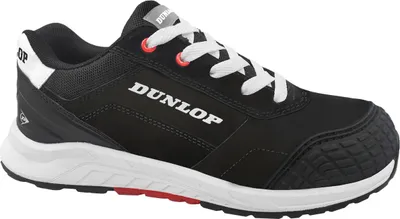 A studio shot of a black Dunlop safety shoe.