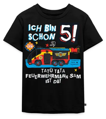 Produktbild von Spreadshirt Feuerwehrmann Sam Geburtstagsdesign 5 Jahre Kinder Premium T-Shirt, 122/128 (6 Jahre), Schwarz