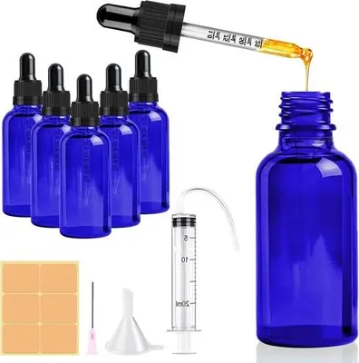 Produktbild von 50 ml blaue, wiederverwendbare Glaspipettenflaschen – 5er-Pack – Apothekerflasche mit Trichter und Sprühetikett – Ätherische Öle, Aromatherapie-Düfte