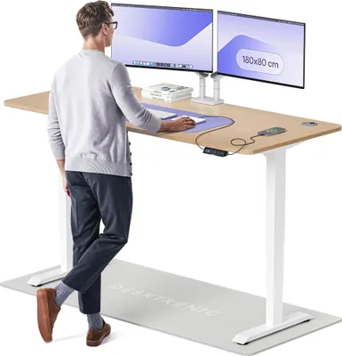 Image de Desktronic HomePro Bureau électrique réglable en hauteur 180x80cm bambou/blancavec fonction mémoire, technologie anti-collision, ports de charge USB-A et USB-C