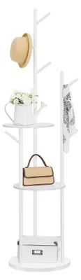 Produktbild von Garderobenständer, Freistehender Kleiderständer in Baumform mit 6 Haken und 3 Regalen, für Kleidung, Hüte, Wohnzimmer, Schlafzimmer, Weiß