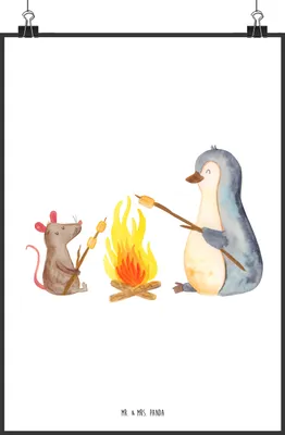 Produktbild von Mr. & Mrs. Panda Bild Pinguin Lagerfeuer DIN A2 - Weiß - Geschenk, Maus, Job, Marshmallows, wanddeko, Liebe, Wandbild, drucke, Arbeit, Kunstdruck, Plakat